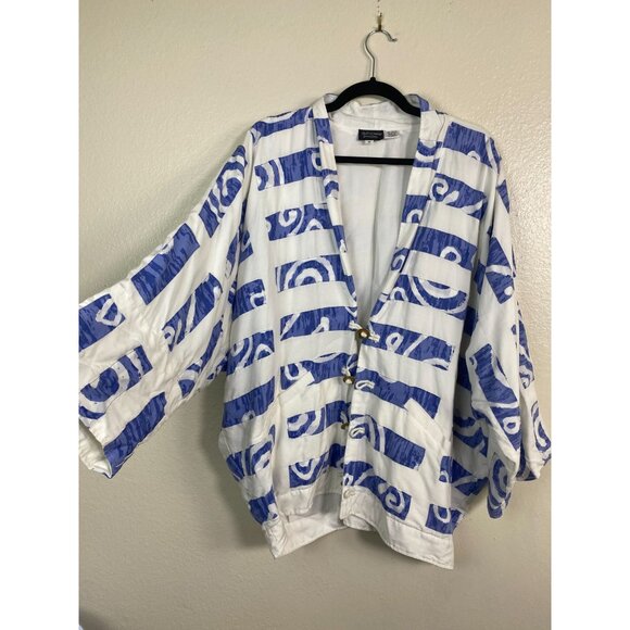 Nativewear Designs Blue White Kimono Cardigan Size Medium Artsy lagenlook Boho - Picture 12 of 13